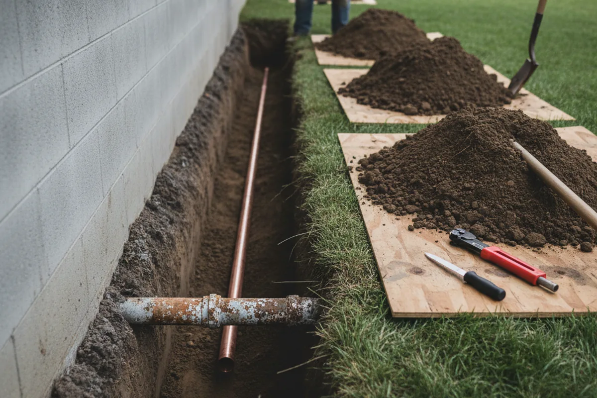 Excavated water line trench during Sewer Line Repair in Ault